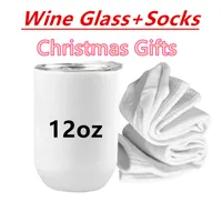 Süblimasyon Şarap Bardakları Çorap Hediye Setleri Noel Süslemeleri Hediyeler Hediyeler 12oz Beyaz Boş Şarap Tumblers ve Çoraplar Isı Transferi Su Şişeleri A12