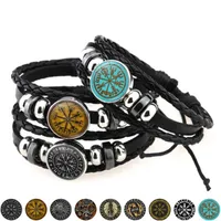 Charm Armband Vegvisir Viking Kompass Läderarmband Män Krigare Symbol Rune Amulet Snap Button Vintage Multilayer Weave för kvinnor