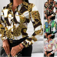 여성 디자이너 블라우스 패션 가을 봄 긴 소매 인쇄 옷깃 셔츠 체인 프린트 럭셔리 탑 여성 플러스 크기
