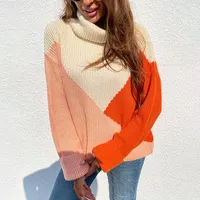 Women's Sweaters Loose Knitted Sweater Women Patchwork Jumpers Turtleneck Long Sleeve Woman Pullovers Autumn Winter Color Block Striped