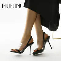 Women Sandals NIUFUNI Plus Size 35-42 Fashion Rhinestone Transparent High Heels Stiletto Clip Toe Square Clear Shoes For Women