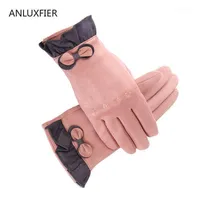 Fem fingrar handskar h9904 kvinnor varm handske damer vinter härlig söt bowknot koreanska vantar mocka sammet förtjockad termisk pekskärm hand