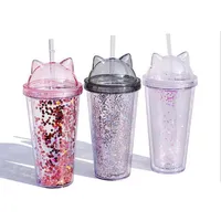 Juice Wine Glass Drinkware Cat Ear Sequin Double Layer Cup Kids Baby Cartoon Cute Creative Sequins Plastic Tumbler with Straws Wholea38
