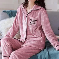 Koşu Setleri Kadife Pijama Kadınlar Kış Pijama Uzun Kollu Rahat Kıyafeti Flanel Pijama Takım Elbise Gevşek Ev Giysileri Pijama Mujer