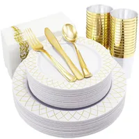 Dinina -de -jantar descartável 50 peças de utensílios brancos e dourados placas de placa de talheres dourados copo de casamento de aniversário decoração
