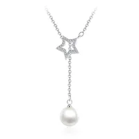Nueva moda simple 925 Sterling Silver Cross Crystal Star Collares Collares Pearl Pendant Chian Neclace para Mujer Choker