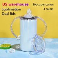 US Warehouse 12oz Sublimation Glitter Sippy Cups Straight Kids Tumbler Dual Locks för barn 4 Färger Vakuum Isolerad Mjölk Dubbel Vägg Rostfritt Stål Babyflaska