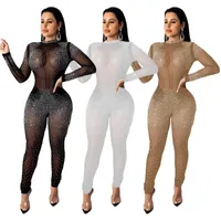 Women&#039;s Jumpsuits & Rompers MEQ407 Nightclub Sexy Women Double-sided Rhinestone Mesh Gauze Jumpsuit Club Performance Party Set