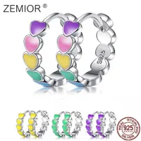 ZEMIOR Genuine S925 Sterling Silver Rainbow Color Enamel Heart Hoop Earrings for Women Ear Hoops Female Fine Jewelry 210924