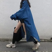 여성 트렌치 코트 WICCON 2021 솔리드 컬러 블랙 자켓 느슨한 대형 턴 다운 칼라 긴 소매 유럽 패션 봄 여성용 코트 1