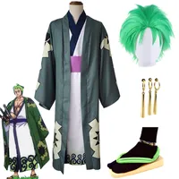 Costume à thème Anime One Piece Roronoa Zoro Costume Costume Green Wig Gold Boucles d'oreilles Chaussures Halloween Costume