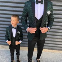 Handsome Dark Green Slim Fit Mens Suits Wedding Tuxedos Black Peaked Lapel Groom Formal Wear 3 Pieces Man Evening Gowns Prom Party Blazer Jacket+Pants+Vest