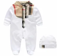 2021 baby rompertjes plaid kleding sets met dop 0-1Y verjaardag katoen romper pasgeboren baby bodysuit kinderen tweedelige onesies jumpsuits kleren kleren