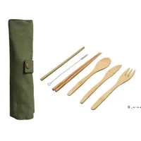 7 teile / satz Holz Geschirr Set Bambus Teelöffel Gabel Suppe Messer Catering Besteck Set mit Tuch Tasche Küche Kochen Werkzeuge Utensil Rra10845