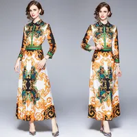 2021 Women Retro Floral Shirt Dress Luxury Designer Long Sleeve Casual Resort Party Slim Print Maxi Dresses Spring Autumn Office Lady Cafe Runway Fashion A-Line Frock