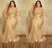 Champagne Gold Mermaid Evening Dresses 2022 Sheer O-neck Lace Stain Plus Size Long Sleeves Occasion Prom Mother Formal Dress