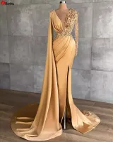 ASO EBI 2021 Árabe Gold Sereia Sexy Vestidos de Noite Frisado Cristais Prom Vestidos De Alto Split Partido Formal Segundo Recepção Vestidos ZJ295 2022New