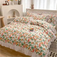 Sängkläder Set Luxury Romantic Ruffle Set 3/4PCS Söt Princess Lace Duvet Cover Colorful Plaid Quilt Bed Sheet Pillowcase