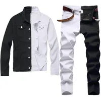 Mode Nieuwe Trainingspakjes Steek Twee Kleur Heren Sets Herfst Wit en Zwart Denim Jas + Slanke Stretch Jeans Tweedelige Set Conjuntos de Hombres