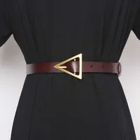 New Vintage Genuine Leather Cow Triangle Pin Buckle Female Belt Long Belt for Women Corset Cummerbunds Clothes Straps Belt Q0624
