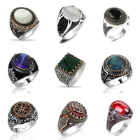 Klaster pierścieni Vintage Handmade Turecki Signet Pierścień Dla Mężczyzn Kobiety Starożytne Srebrne Kolor Czarny Onyksowy Kamień Punk Biżuteria Religijna