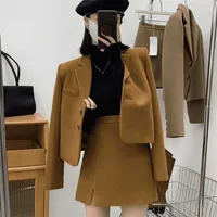 Winter Brown Skirt Set Women Fashion Cropped Woolen Blazers + Mini Skirts Vintage Two Piece Suits Woman's Clothing 220120