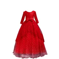 2022 Red Lace unique Tulle Flower Gilr Dresses For Wedding Long Sleeve Princess Layers Bow Fall Winter Communion Party Formal Dress Kids