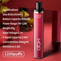 Original HQD CUVIE PLUS Disposable 1200 Electronic Cigarette Case Unit Vape Pen Kit 950mAh 5ml Cartridge Capacity vs 2500 4000 AIR