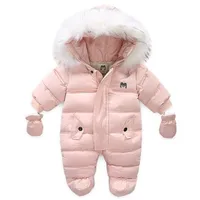 Doğan Bebek Tulum Eldivenli Sıcak Kalınlaşmak Ayak Kapakları Kış Erkek Snowsuit Coat içinde Polar Bebek Tulum Kız Giysileri 220217