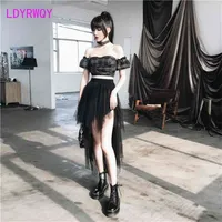 LDyrwqy Dames Hoge Taille Bust Mesh Rok Short Front and Lange Back Korean Office Lady Ball Town Knielengte 210724