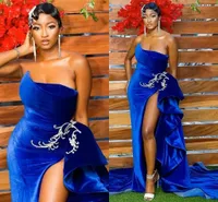 Sexig High Slit 2022 Royal Blue Velvet Prom Evening Dresses South African Plus Storlek Ruched Strapless Long Bridesmaid Party Cocktail Pageant Dresess