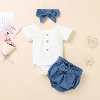 Klädsuppsättningar 2021 Born Baby Girl Kläder Set Spädbarn Flickor Solid Ribbed Romper Shorts Hårband Sommar Outfits