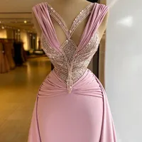 2021 Lace Top Sexy Evening Dress Sequins Pleat Overskirt Prom Gowns Women Formal Wear Second Reception Dresses