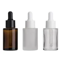 30ML Glass Bottle Flat Shoulder Frosted/Transparent/Amber Round Essential Oil Serum Bottles With Glasses Dropper Cosmetic Essence 3 Colors