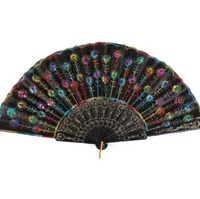 Classical Dance Folding Fan Party Favor Elegant Colorful Embroidered Flower Peacock Pattern Sequins Female Plastic Handheld Fans Gifts