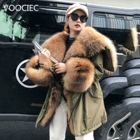Kvinnors Fur Faux Voociec 2021 Mode Vinterjacka Kvinnor Real Coat Big Natural Raccoon Collar Long Parka White Duck Down