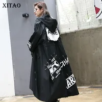 Xitao épissé tranchée noire de taille moyenne pour femme marée longue imprimante sweatwear sweat à capuche décontractée manteau taille large femme 2019 zll1100 97Y3 #