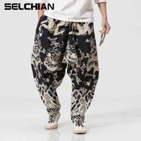 New Dragon Printing Harem Pants Uomo Stile cinese Casual Biancheria in lino in cotone Sweatpants Jogger Mens Streetwear Pantaloni G1217