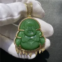 18k oro chapado helado out riendo Buda verde jade colgante collar hombres bling joyería regalo