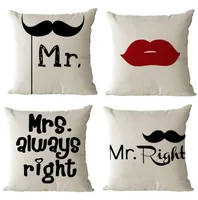 재미있는 Mr. Mrs Always Right Pillow Cover Cotton Linen Cushion Case Beard Lipstick Lipstick Distr Stay Flax Billowcase Black White Sofa 소파 의자 선물