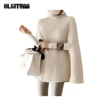 Maglioni da donna Inverno 2021 Femmina Versione coreana TurtrleNeck Cloak Maglione a batwing Maglione pullover maglione sciolto scialle lungo scialle in maglia
