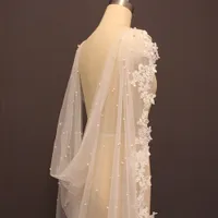 High Quality Pearls Wedding Bolero Lace Long 2.5 Meters Bridal Cape with Lace Edge White Ivory Bride Jacket Wedding Accessories