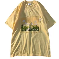 T-shirt Femme Zuolunouba Été Summer Femmes T-shirt Broderie Harajuku Chrysanthemum Teck Tees Jaune manches courtes Imprimer Tops Femme