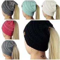 CC Ponytail Beanie Hat 8 Colors Women Crochet Knit Cap Winter Skullies Beanies Warm Caps Female Knitted Stylish Hats 100pcs F202