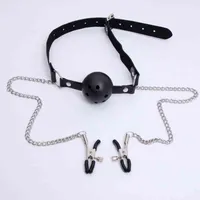NXY Bondage Couple Silicone Gag Ball Nipple Clamps Chain PU Restraints Collar Mouth for Sex Factory wholesale prices cheap 0107