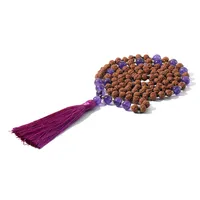 ペンダントネックレス108マラビーズ仏教の祈り瞑想紫色のタッセルを持つ女性の男性のための長いルドラクシャネックレス
