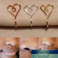 Orijinal kalp şekli burun manşet yüzük kadınlar için bakır tel sahte piercing altın gümüş renk klip burun halka vücut takı