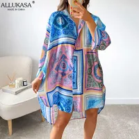 Casual Dresses Allukasa Sommer Langarm Hemd Kleid Frauen Abwicklung Lose Strand Sexy Party Luxus Mode Print Dame Kleidung
