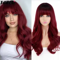 Synthetic Wigs FEELSI Long Wavy Hairstyle Ombre Wine Red Wig With Bangs For Women Cosplay Lolita High Temperature Fiber