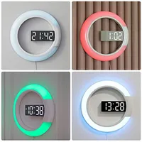 Neuheit Beleuchtung 7 Farben Moderne LED Digitaluhr Wecker Spiegel Hohl Wanduhren Temperatur Nachtlicht für Wohnzimmer Dekorationen